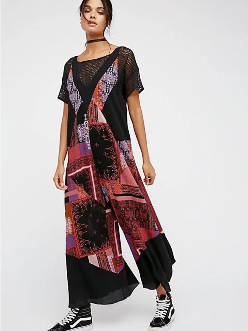 Free People All Patched UpBoho Patchwork Wide-Leg Jumpsuit in Black and Burgundy